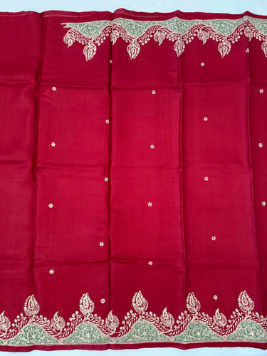 Lightweight Pure Tussar Silk Saree | Zardosi Pita Zari Work | Maroon | Hand Embroidery | Ships from California